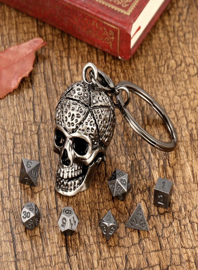Keller & Weber Mini DND Dice Set with Skull Head Metal Cage Portable Keychain Necklace, Tiny 7pcs Polyhedral D&D Dice Set, DND Gifts with Gift Box, Role Playing Board Games Accessories, Silver, Dark Silver - Image 2